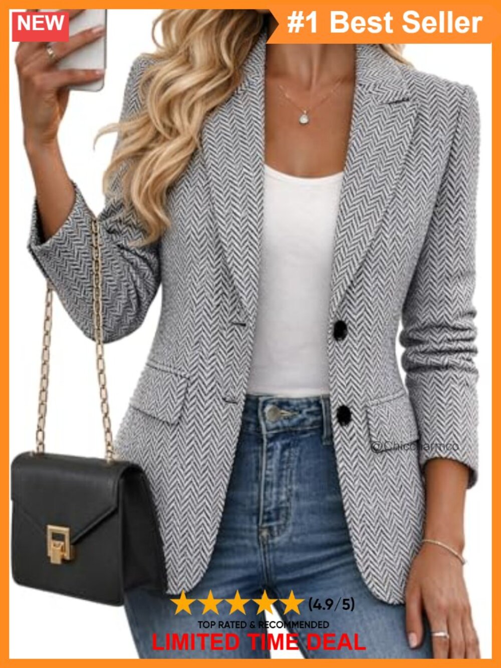 Herringbone Tweed Blazer Notch Lapel Slim Fit Business Casual